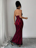 Rafferiza Elegant Bodycon Fishtail Hem V-Neck Waist Pleated Knit Mesh With Rose Red Lining Long Dress For Women, Autumn/Winter Fall Cloth For Women