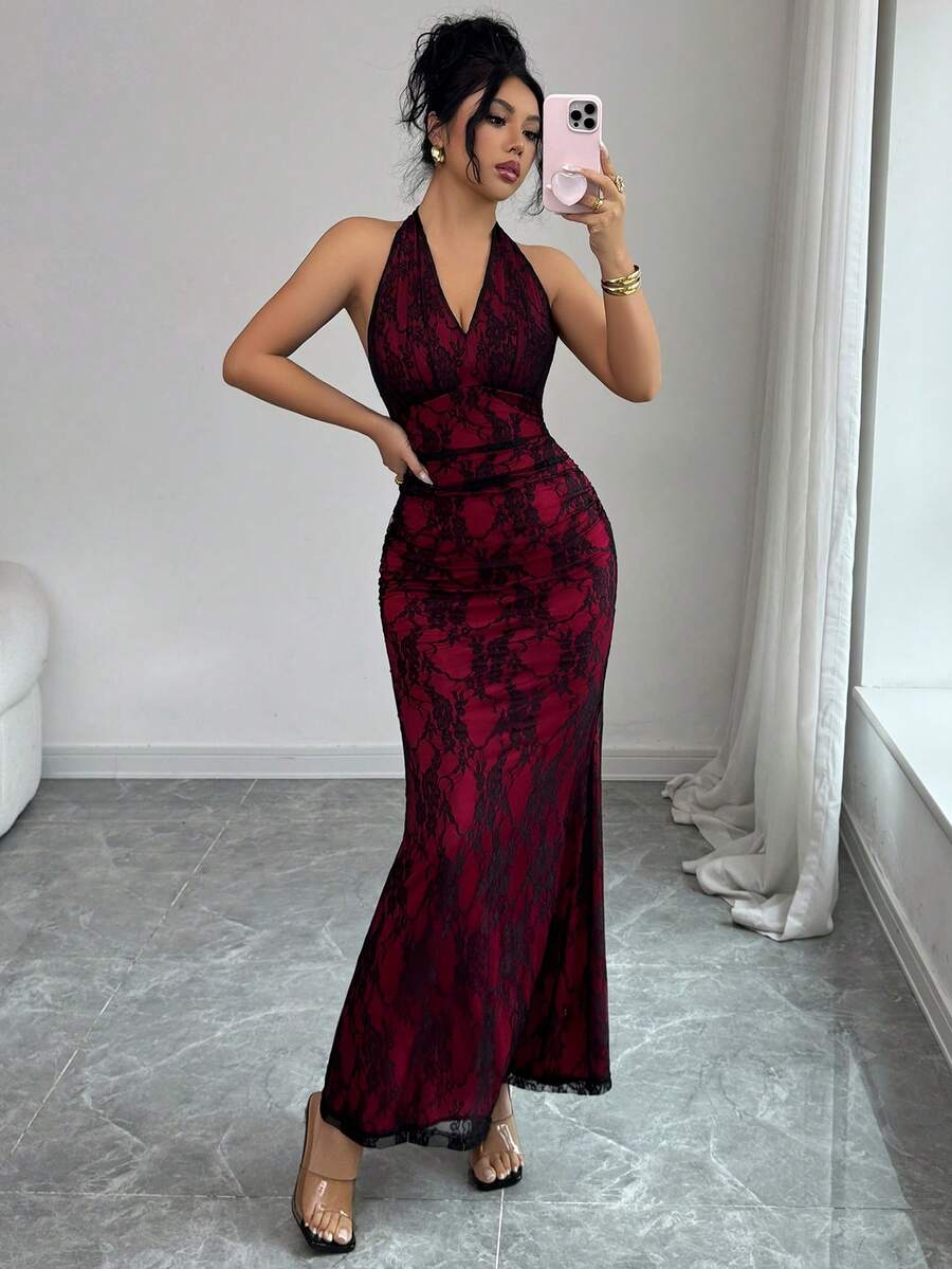 Rafferiza Elegant Bodycon Fishtail Hem V-Neck Waist Pleated Knit Mesh With Rose Red Lining Long Dress For Women, Autumn/Winter Fall Cloth For Women