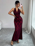 Rafferiza Elegant Bodycon Fishtail Hem V-Neck Waist Pleated Knit Mesh With Rose Red Lining Long Dress For Women, Autumn/Winter Fall Cloth For Women