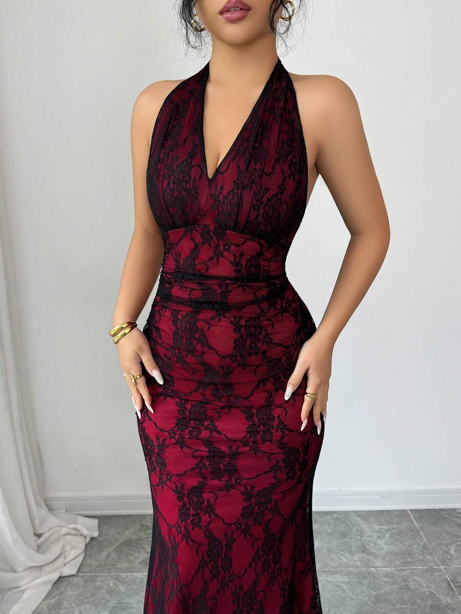 Rafferiza Elegant Bodycon Fishtail Hem V-Neck Waist Pleated Knit Mesh With Rose Red Lining Long Dress For Women, Autumn/Winter Fall Cloth For Women