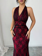 Rafferiza Elegant Bodycon Fishtail Hem V-Neck Waist Pleated Knit Mesh With Rose Red Lining Long Dress For Women, Autumn/Winter Fall Cloth For Women