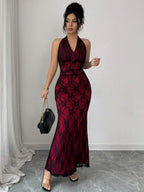 Rafferiza Elegant Bodycon Fishtail Hem V-Neck Waist Pleated Knit Mesh With Rose Red Lining Long Dress For Women, Autumn/Winter Fall Cloth For Women