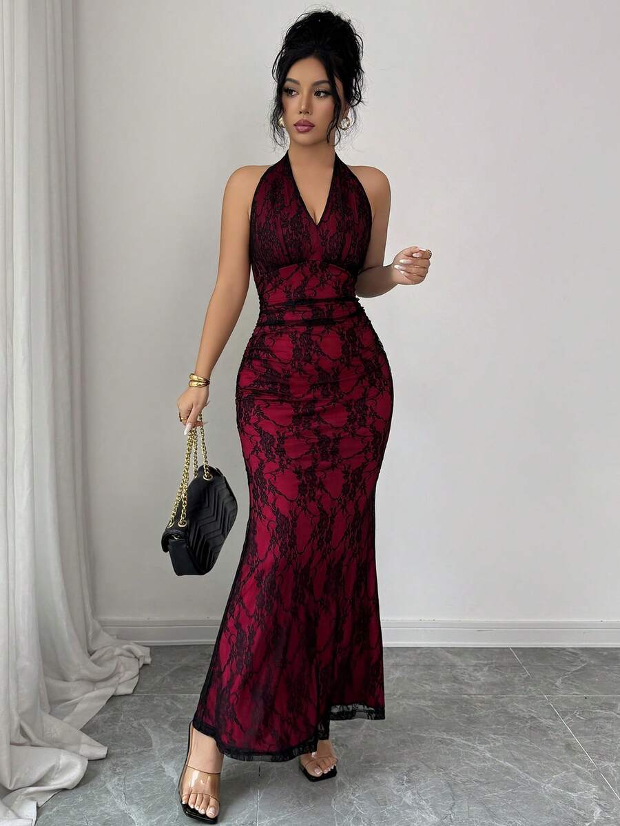 Rafferiza Elegant Bodycon Fishtail Hem V-Neck Waist Pleated Knit Mesh With Rose Red Lining Long Dress For Women, Autumn/Winter Fall Cloth For Women