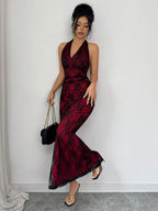Rafferiza Elegant Bodycon Fishtail Hem V-Neck Waist Pleated Knit Mesh With Rose Red Lining Long Dress For Women, Autumn/Winter Fall Cloth For Women