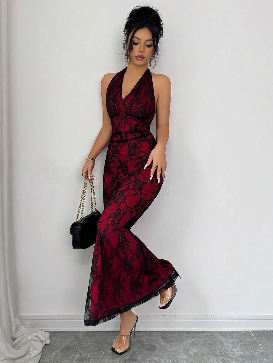 Rafferiza Elegant Bodycon Fishtail Hem V-Neck Waist Pleated Knit Mesh With Rose Red Lining Long Dress For Women, Autumn/Winter Fall Cloth For Women