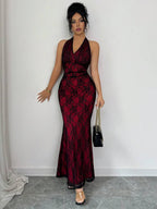 Rafferiza Elegant Bodycon Fishtail Hem V-Neck Waist Pleated Knit Mesh With Rose Red Lining Long Dress For Women, Autumn/Winter Fall Cloth For Women