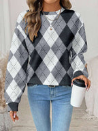 EMERY ROSE Casual Plaid Print Pattern Loose Fit Crew Neck Long Sleeve Sweatshirt For Women Checkered Top Argyle Sweater Winter Tops For Women Women Sweater Plaid Top,Casual