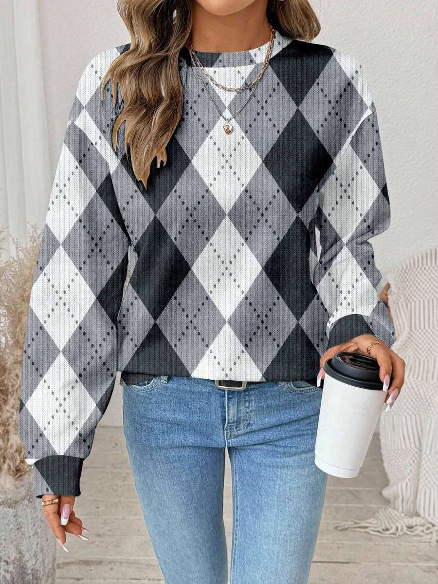 EMERY ROSE Casual Plaid Print Pattern Loose Fit Crew Neck Long Sleeve Sweatshirt For Women Checkered Top Argyle Sweater Winter Tops For Women Women Sweater Plaid Top,Casual