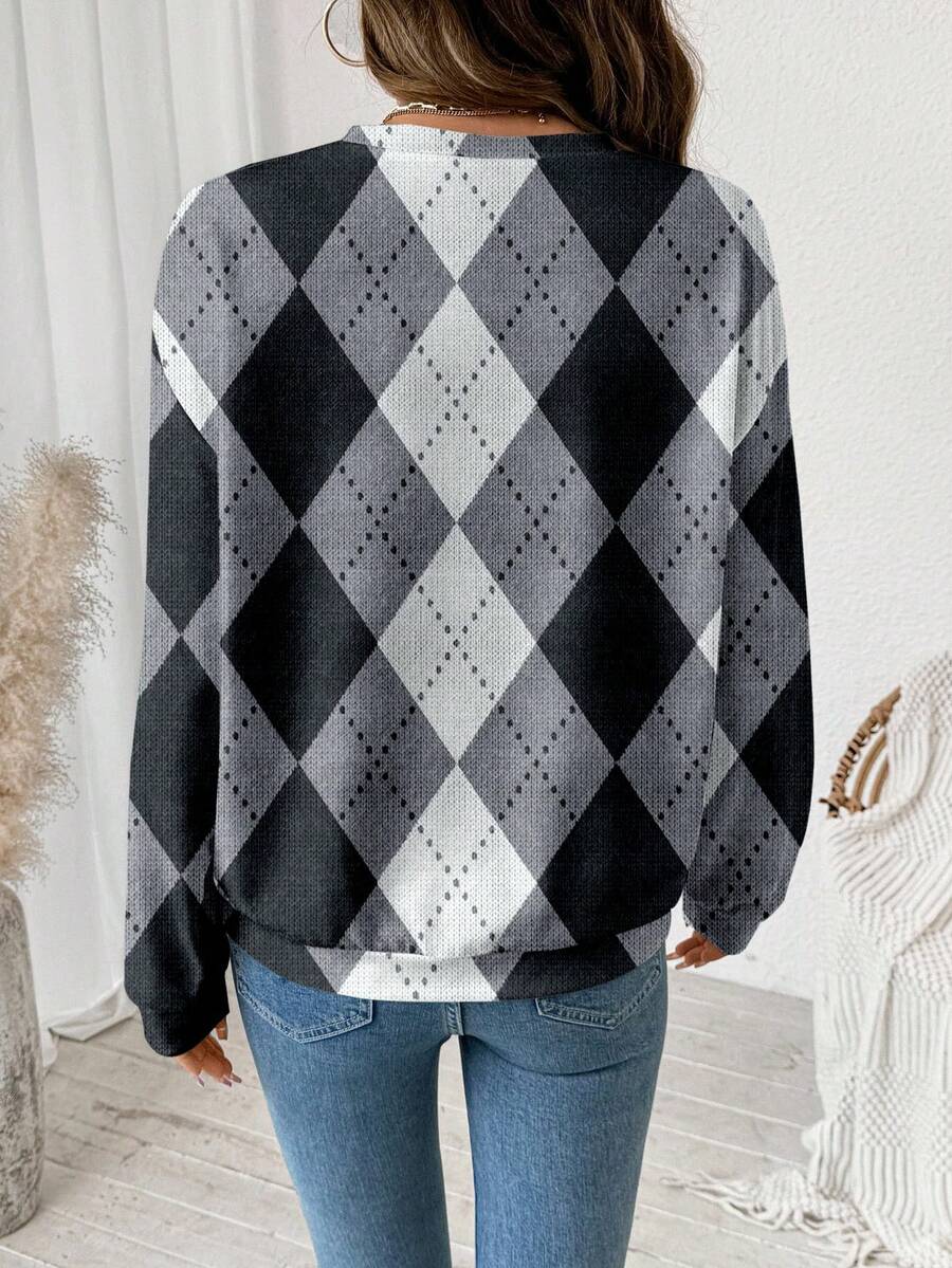 EMERY ROSE Casual Plaid Print Pattern Loose Fit Crew Neck Long Sleeve Sweatshirt For Women Checkered Top Argyle Sweater Winter Tops For Women Women Sweater Plaid Top,Casual