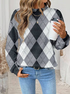 EMERY ROSE Casual Plaid Print Pattern Loose Fit Crew Neck Long Sleeve Sweatshirt For Women Checkered Top Argyle Sweater Winter Tops For Women Women Sweater Plaid Top,Casual