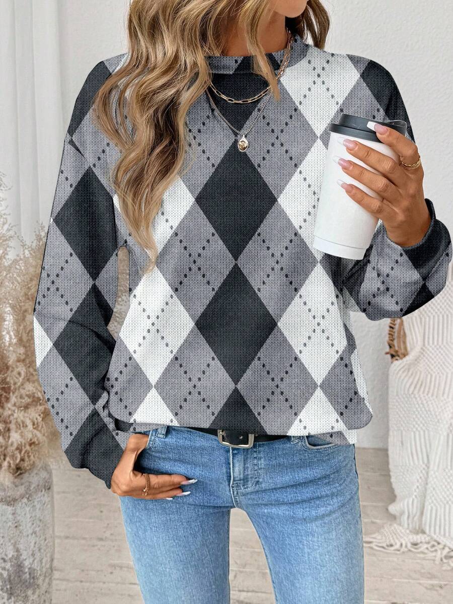 EMERY ROSE Casual Plaid Print Pattern Loose Fit Crew Neck Long Sleeve Sweatshirt For Women Checkered Top Argyle Sweater Winter Tops For Women Women Sweater Plaid Top,Casual