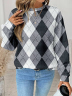 EMERY ROSE Casual Plaid Print Pattern Loose Fit Crew Neck Long Sleeve Sweatshirt For Women Checkered Top Argyle Sweater Winter Tops For Women Women Sweater Plaid Top,Casual