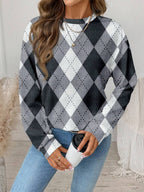 EMERY ROSE Casual Plaid Print Pattern Loose Fit Crew Neck Long Sleeve Sweatshirt For Women Checkered Top Argyle Sweater Winter Tops For Women Women Sweater Plaid Top,Casual
