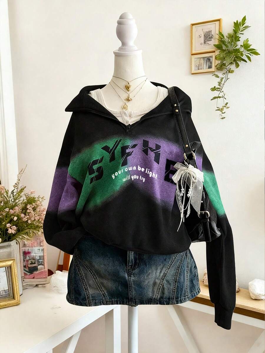 Lalippa Casual Versatile Embroidered Detail Half-Zip Collar Sweatshirt, Christmas