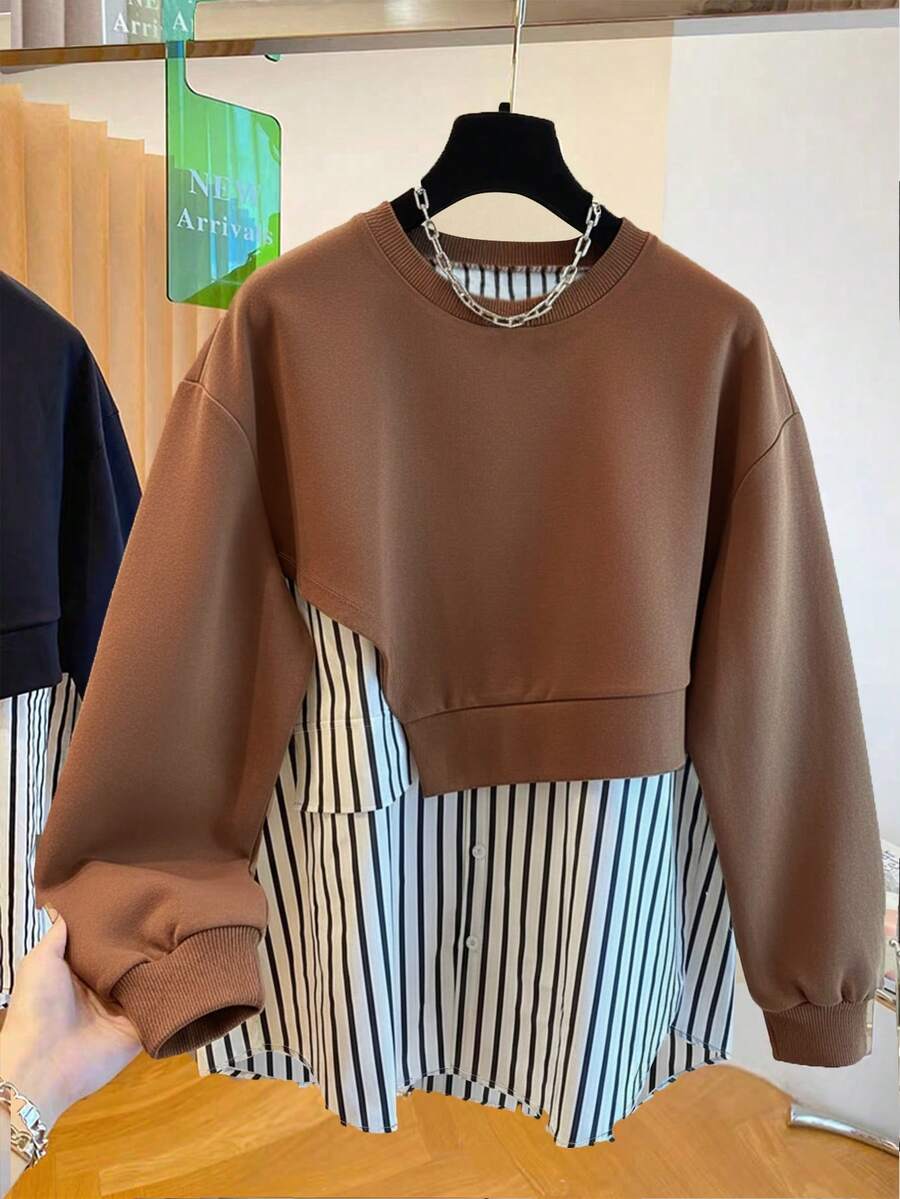 Resyla Women's Casual Everyday Striped Patchwork Crew Neck Sweatshirt, Autumn