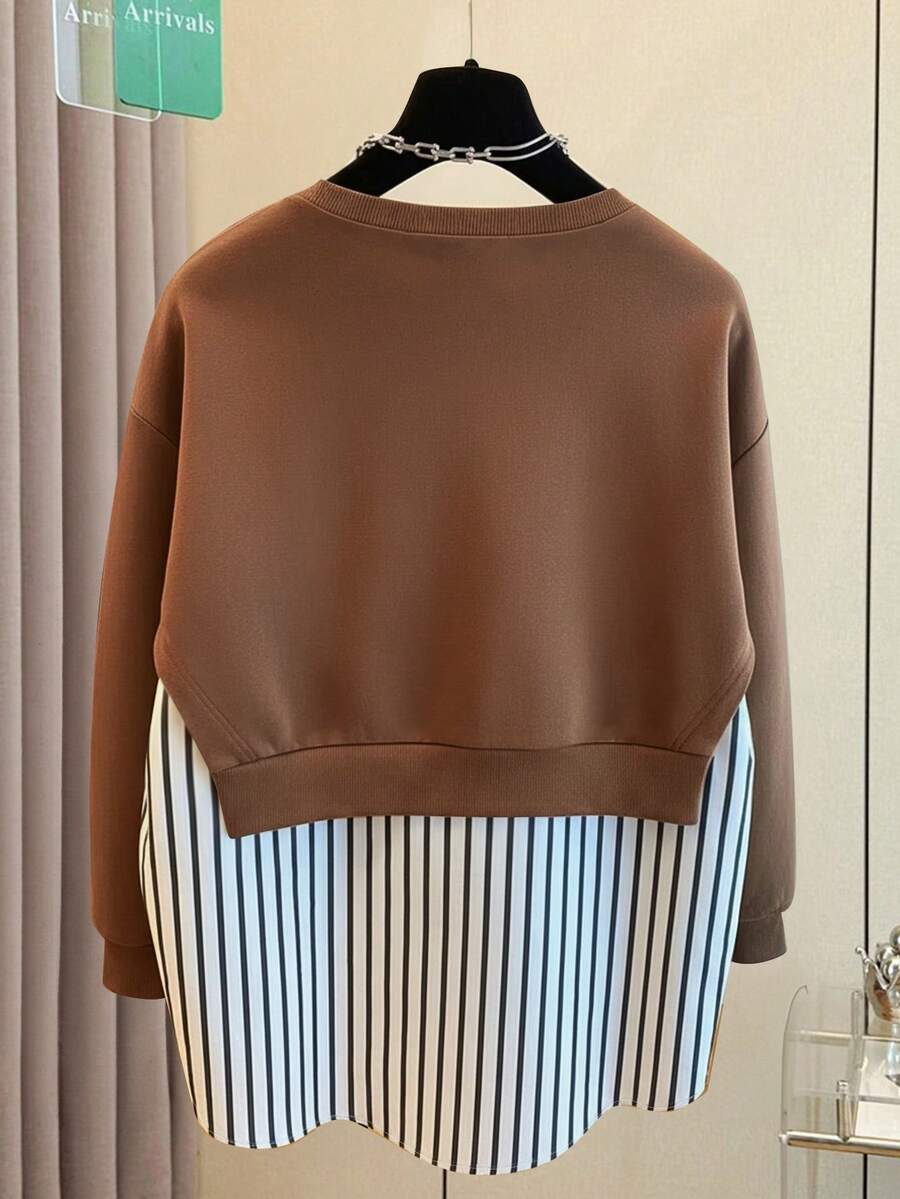 Resyla Women's Casual Everyday Striped Patchwork Crew Neck Sweatshirt, Autumn