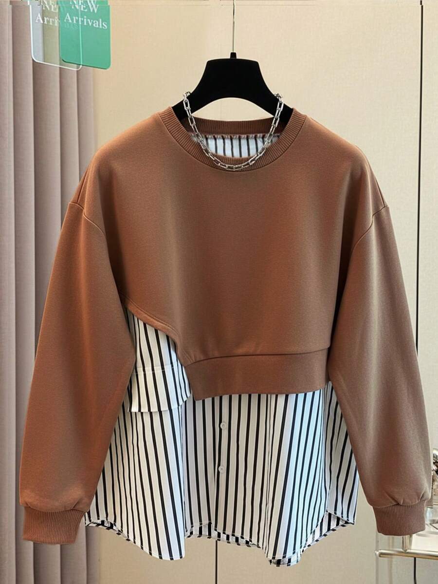 Resyla Women's Casual Everyday Striped Patchwork Crew Neck Sweatshirt, Autumn