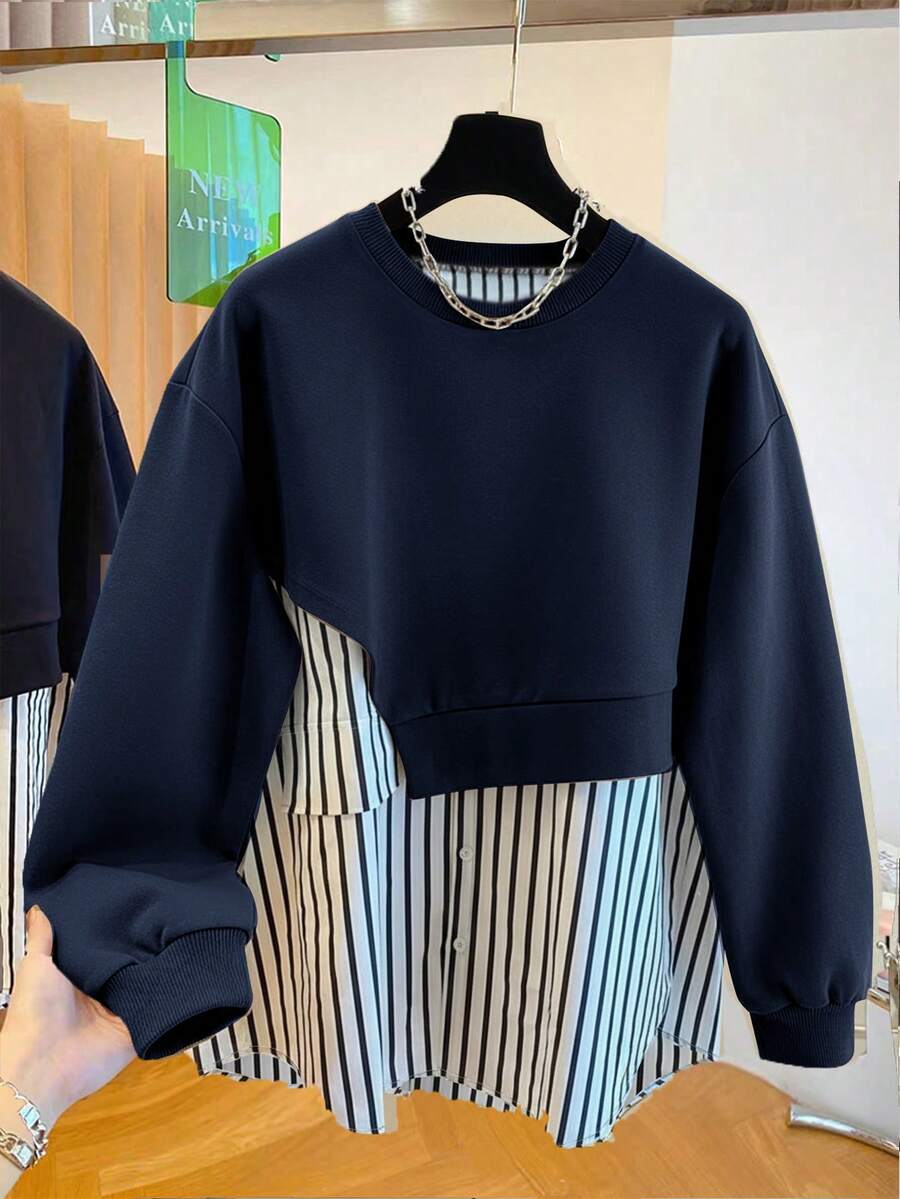 Resyla Women's Casual Everyday Striped Patchwork Crew Neck Sweatshirt, Autumn