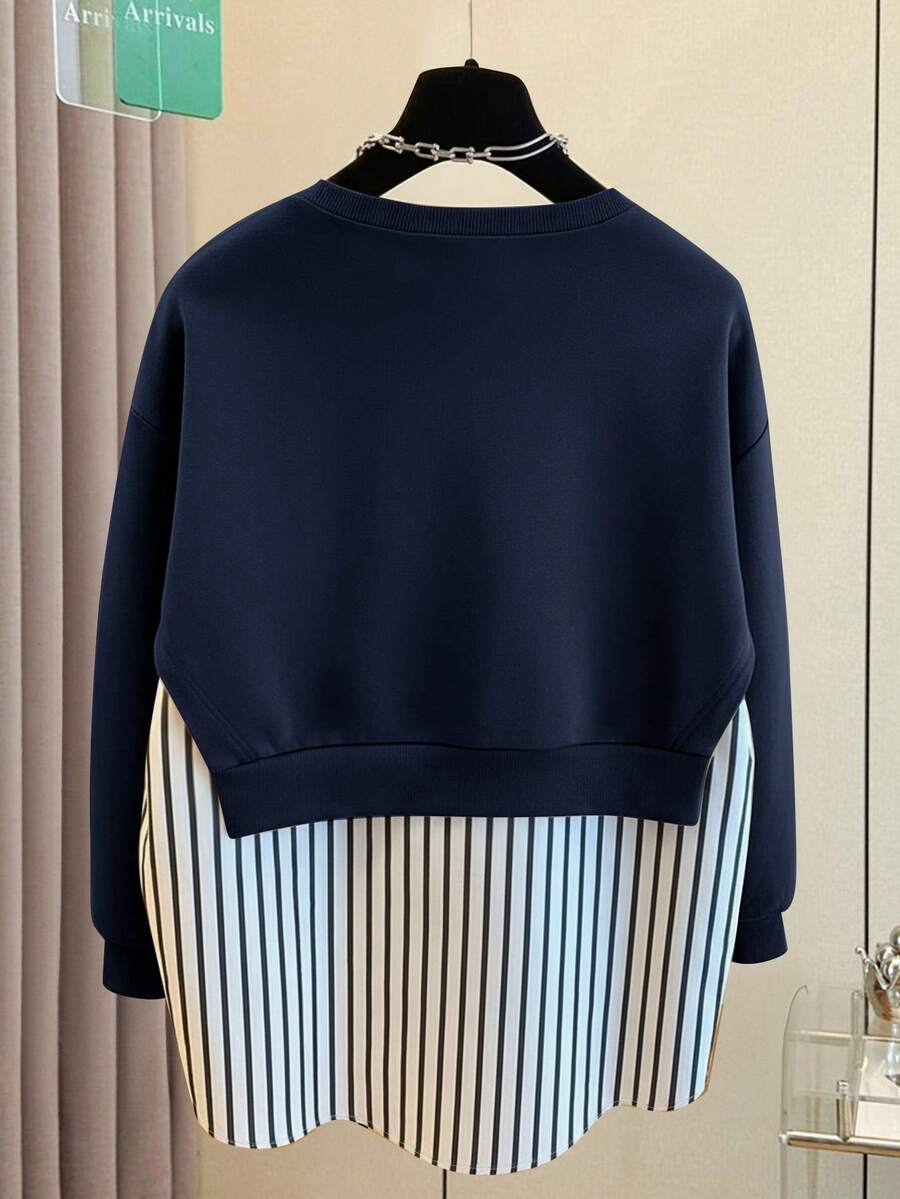 Resyla Women's Casual Everyday Striped Patchwork Crew Neck Sweatshirt, Autumn