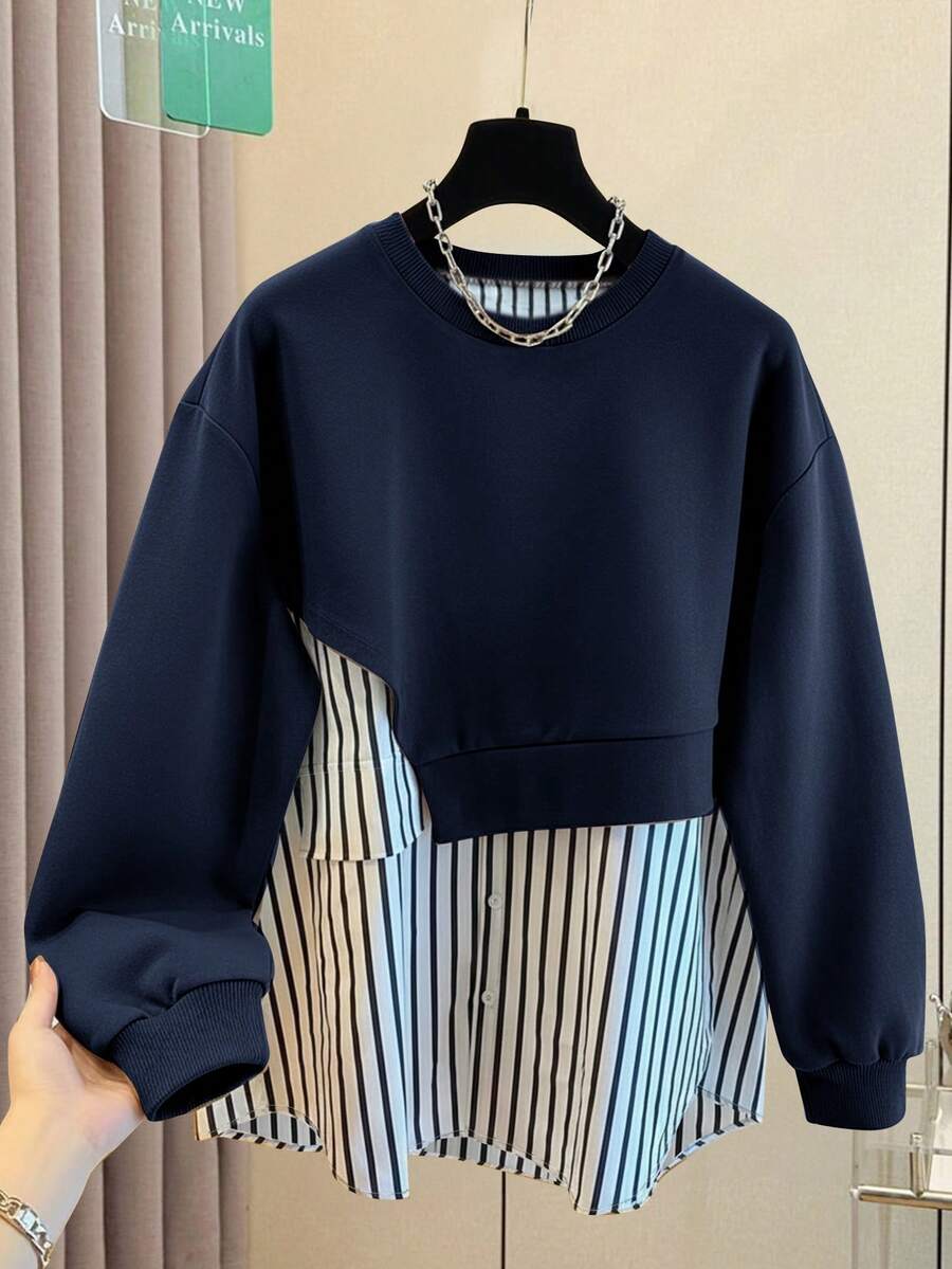 Resyla Women's Casual Everyday Striped Patchwork Crew Neck Sweatshirt, Autumn