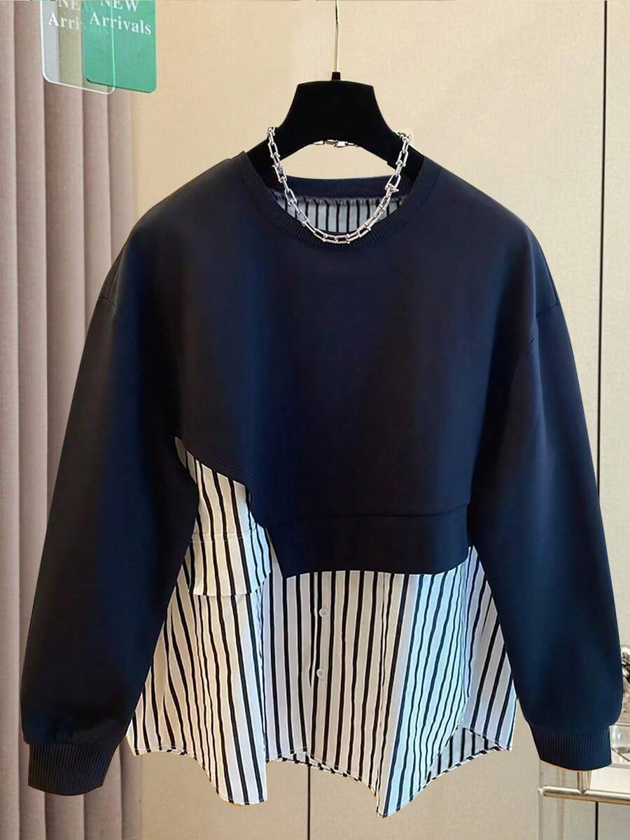 Resyla Women's Casual Everyday Striped Patchwork Crew Neck Sweatshirt, Autumn