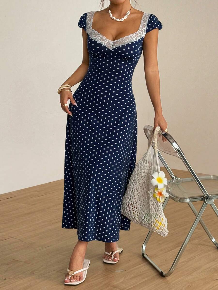 SHEIN Unity Black & White Polka Dot Print Patchwork Lace Trim Heart Collar Puffy Short Sleeve High Waist A-Line Midi Dress, Minimalist Chic, Sweet & Elegant, Suitable For Daily, Travel, Spring/Summer, Women