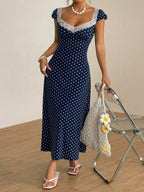 SHEIN Unity Black & White Polka Dot Print Patchwork Lace Trim Heart Collar Puffy Short Sleeve High Waist A-Line Midi Dress, Minimalist Chic, Sweet & Elegant, Suitable For Daily, Travel, Spring/Summer, Women