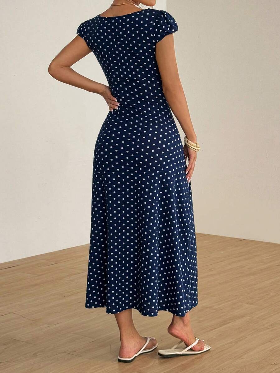 SHEIN Unity Black & White Polka Dot Print Patchwork Lace Trim Heart Collar Puffy Short Sleeve High Waist A-Line Midi Dress, Minimalist Chic, Sweet & Elegant, Suitable For Daily, Travel, Spring/Summer, Women