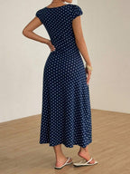 SHEIN Unity Black & White Polka Dot Print Patchwork Lace Trim Heart Collar Puffy Short Sleeve High Waist A-Line Midi Dress, Minimalist Chic, Sweet & Elegant, Suitable For Daily, Travel, Spring/Summer, Women