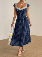 SHEIN Unity Black & White Polka Dot Print Patchwork Lace Trim Heart Collar Puffy Short Sleeve High Waist A-Line Midi Dress, Minimalist Chic, Sweet & Elegant, Suitable For Daily, Travel, Spring/Summer, Women