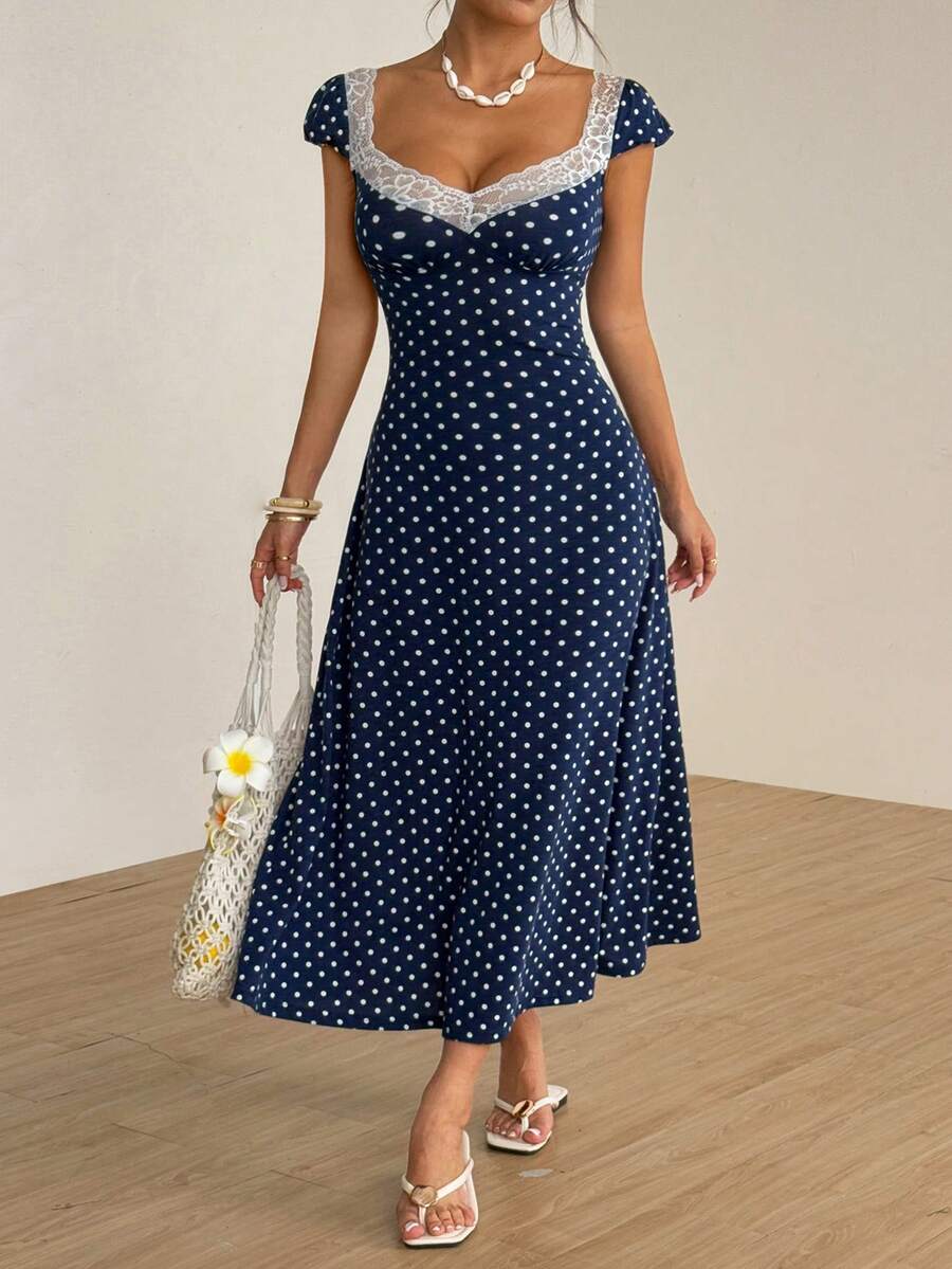 SHEIN Unity Black & White Polka Dot Print Patchwork Lace Trim Heart Collar Puffy Short Sleeve High Waist A-Line Midi Dress, Minimalist Chic, Sweet & Elegant, Suitable For Daily, Travel, Spring/Summer, Women