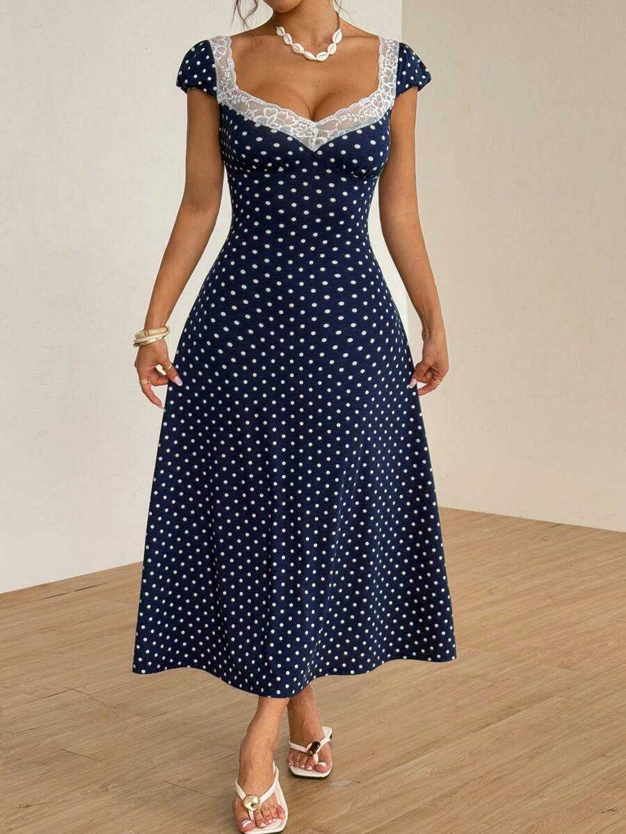 SHEIN Unity Black & White Polka Dot Print Patchwork Lace Trim Heart Collar Puffy Short Sleeve High Waist A-Line Midi Dress, Minimalist Chic, Sweet & Elegant, Suitable For Daily, Travel, Spring/Summer, Women