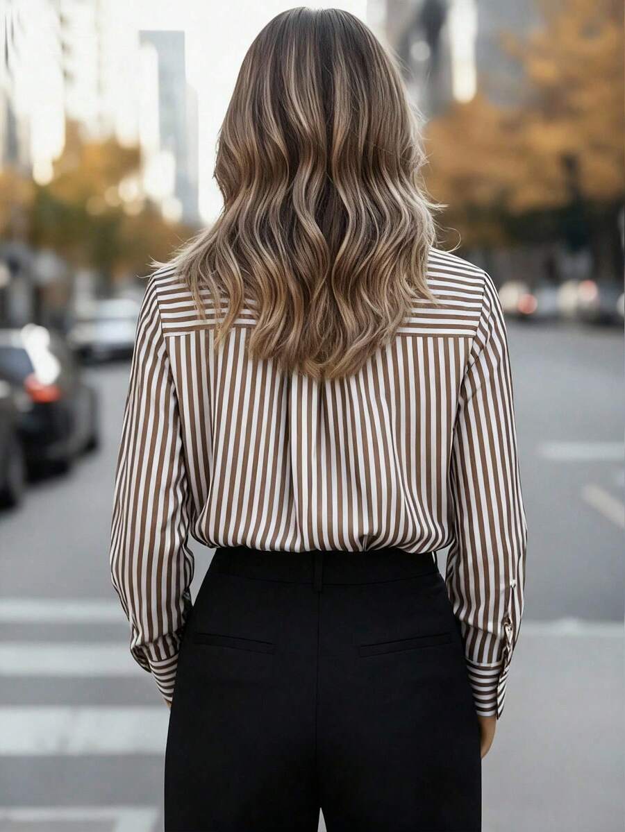 Women's Casual Basic Striped Pointed Collar Long Sleeve Shirt Blouse With Button Pockets, Suitable For Daily Office Wear, Autumn/Winter/Spring