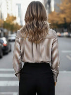 Women's Casual Basic Striped Pointed Collar Long Sleeve Shirt Blouse With Button Pockets, Suitable For Daily Office Wear, Autumn/Winter/Spring