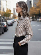Women's Casual Basic Striped Pointed Collar Long Sleeve Shirt Blouse With Button Pockets, Suitable For Daily Office Wear, Autumn/Winter/Spring