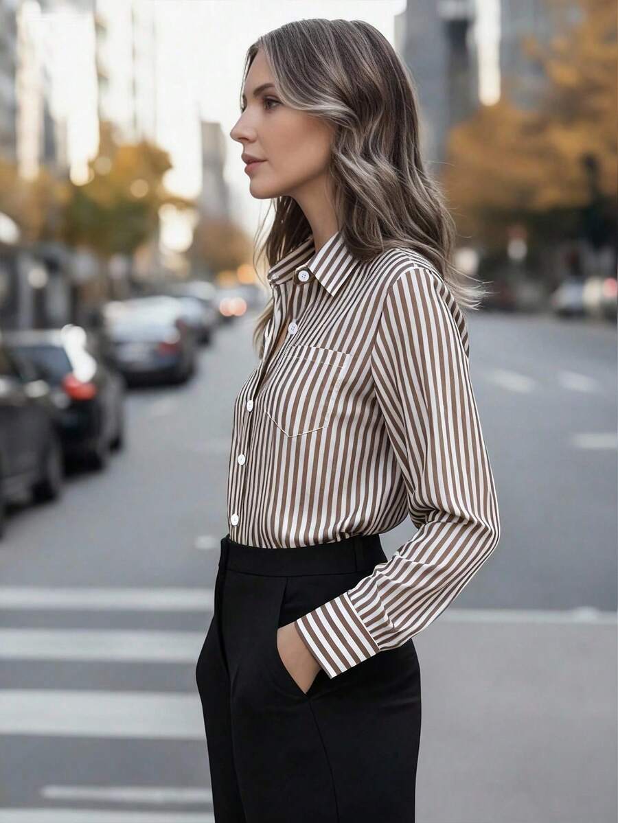 Women's Casual Basic Striped Pointed Collar Long Sleeve Shirt Blouse With Button Pockets, Suitable For Daily Office Wear, Autumn/Winter/Spring