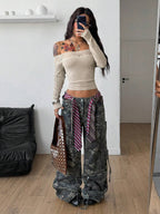 Coolane Women's Winter Streetwear Basic Casual Y2K Rib Knit Witchy Goth Music Festival  Lace Patchwork Off The Shoulder Warm/ Cold Weather/ Thermal Long Sleeve Black Top