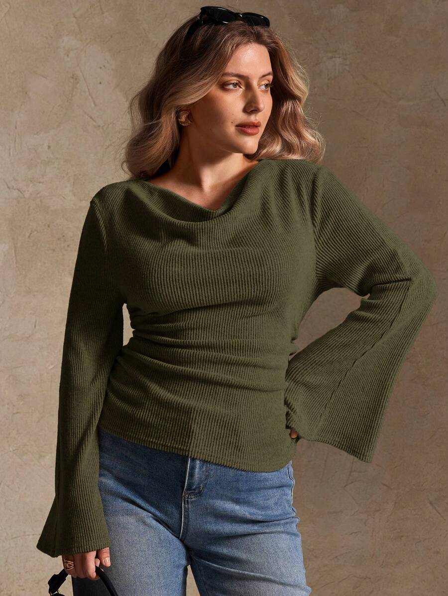 Elegantrix Plus Size Women Loose Collar Flare Sleeve Gathered Waist Ruched Chiffon Knit Casual Top, Autumn/Winter