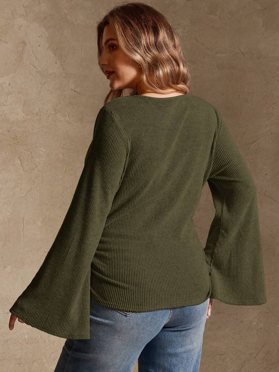 Elegantrix Plus Size Women Loose Collar Flare Sleeve Gathered Waist Ruched Chiffon Knit Casual Top, Autumn/Winter