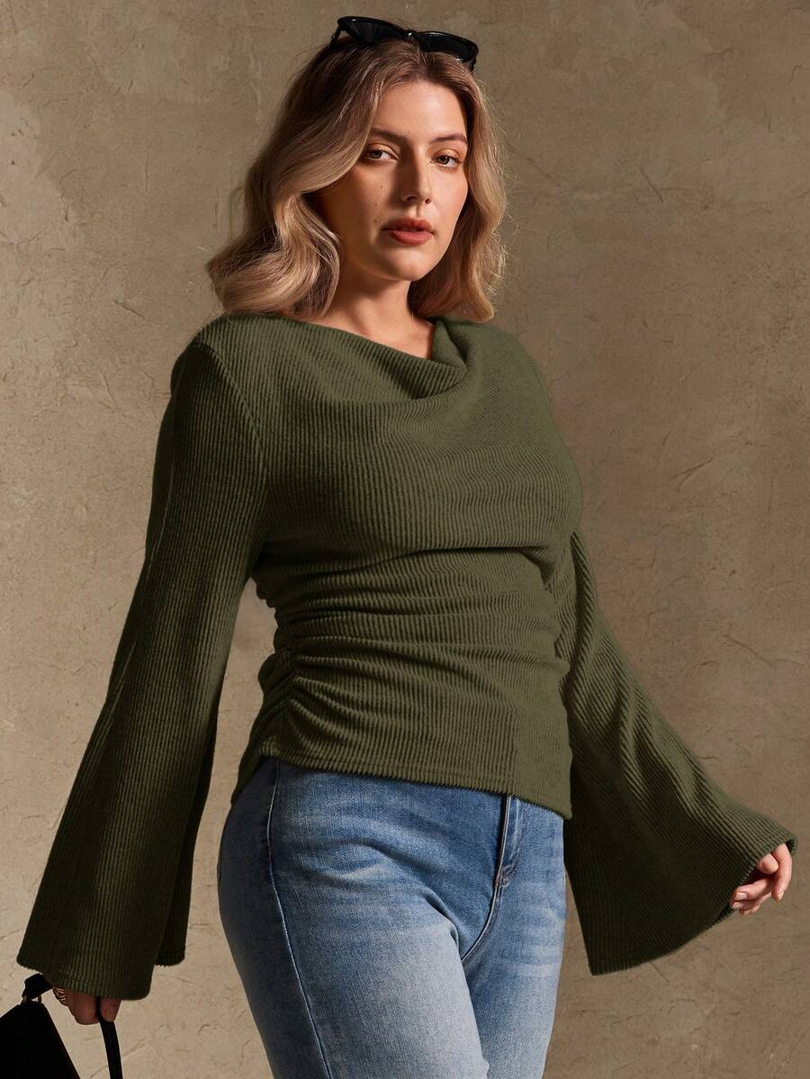 Elegantrix Plus Size Women Loose Collar Flare Sleeve Gathered Waist Ruched Chiffon Knit Casual Top, Autumn/Winter