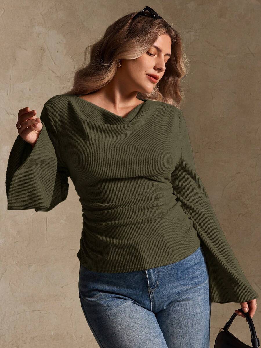 Elegantrix Plus Size Women Loose Collar Flare Sleeve Gathered Waist Ruched Chiffon Knit Casual Top, Autumn/Winter