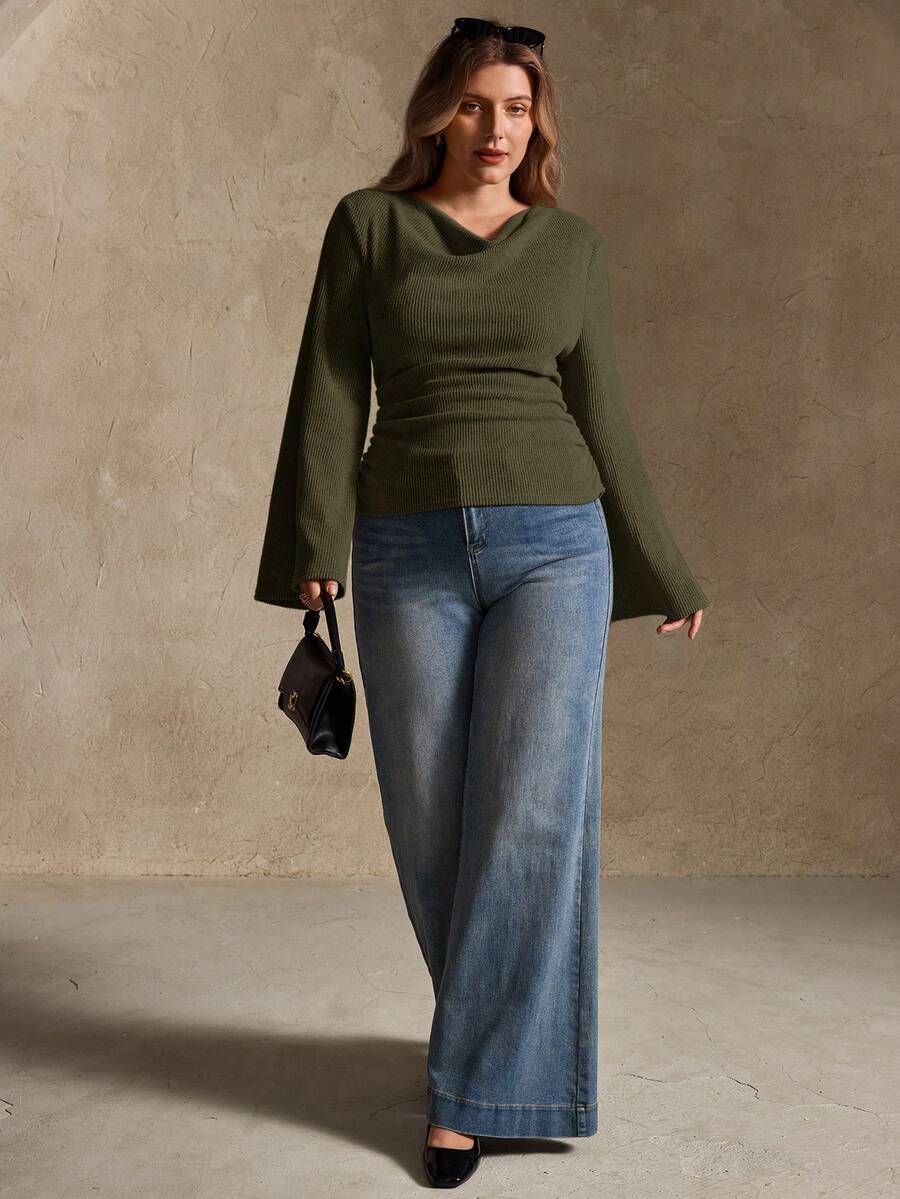 Elegantrix Plus Size Women Loose Collar Flare Sleeve Gathered Waist Ruched Chiffon Knit Casual Top, Autumn/Winter