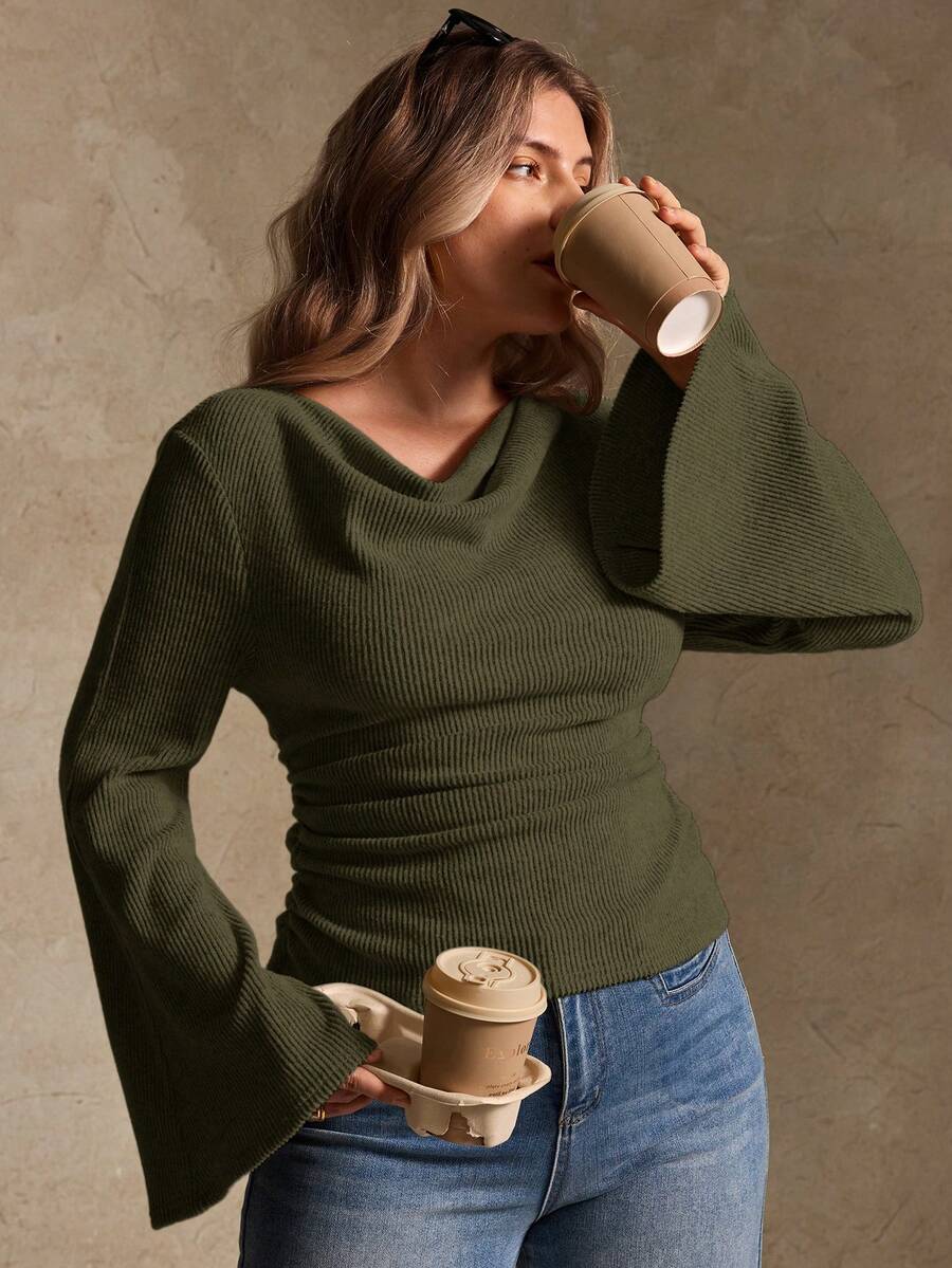 Elegantrix Plus Size Women Loose Collar Flare Sleeve Gathered Waist Ruched Chiffon Knit Casual Top, Autumn/Winter