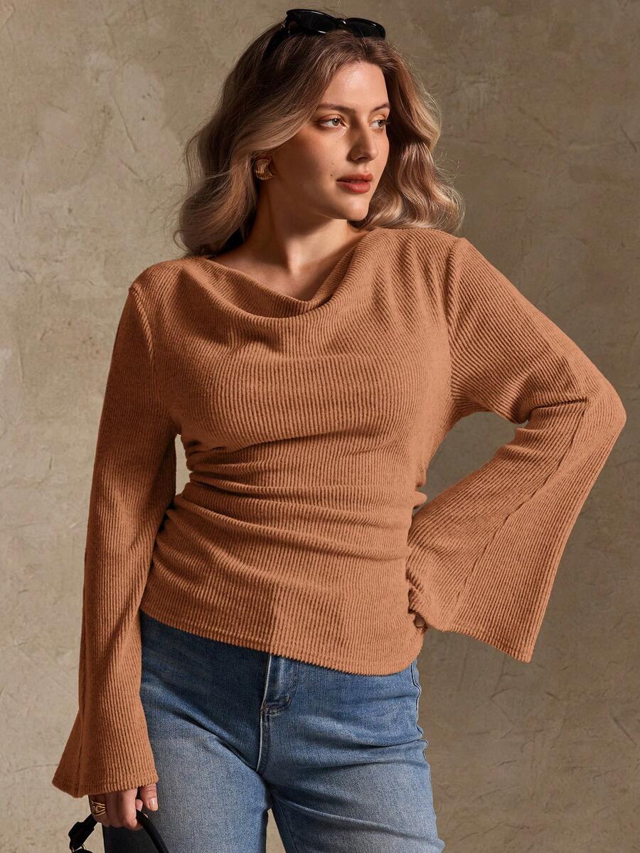 Elegantrix Plus Size Women Loose Collar Flare Sleeve Gathered Waist Ruched Chiffon Knit Casual Top, Autumn/Winter