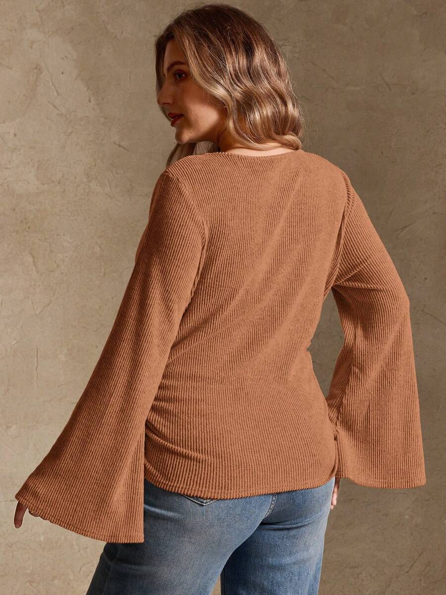 Elegantrix Plus Size Women Loose Collar Flare Sleeve Gathered Waist Ruched Chiffon Knit Casual Top, Autumn/Winter