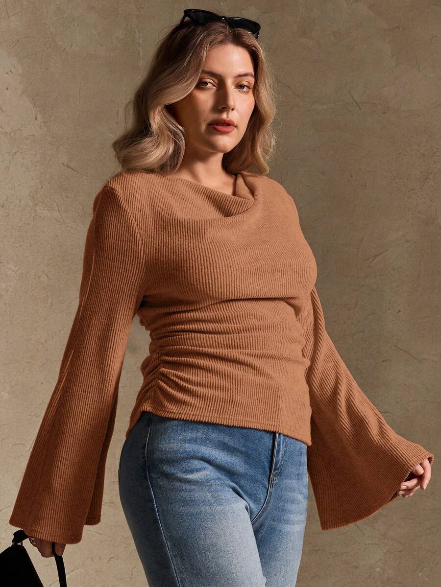 Elegantrix Plus Size Women Loose Collar Flare Sleeve Gathered Waist Ruched Chiffon Knit Casual Top, Autumn/Winter