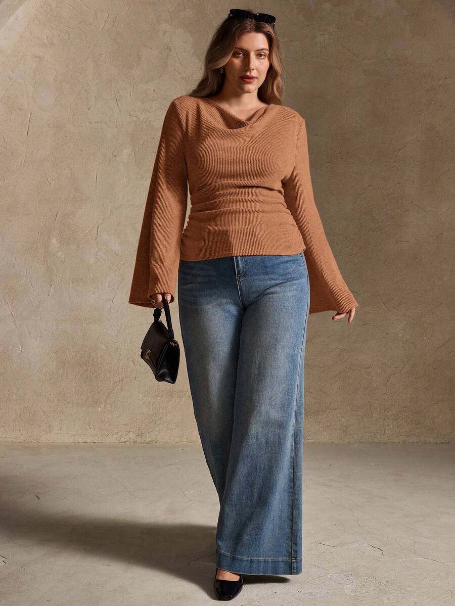 Elegantrix Plus Size Women Loose Collar Flare Sleeve Gathered Waist Ruched Chiffon Knit Casual Top, Autumn/Winter