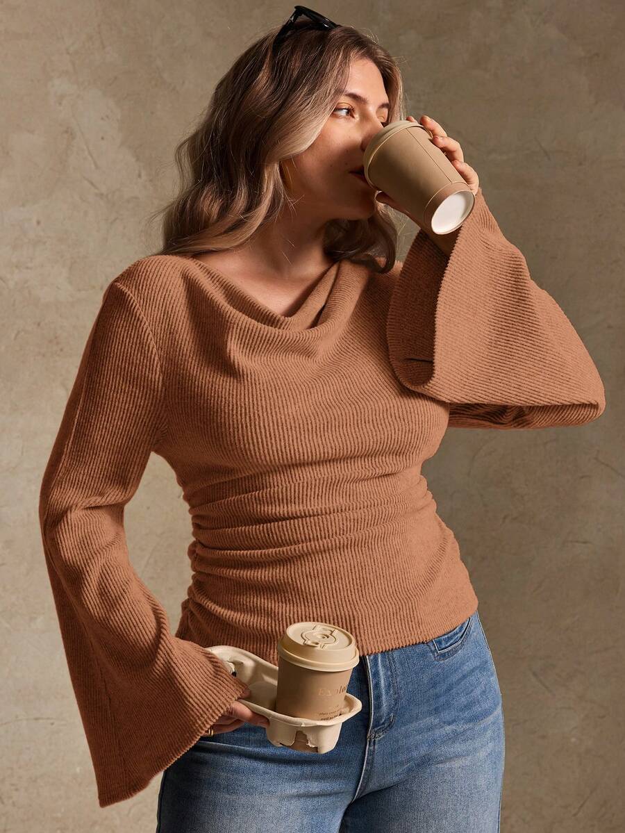Elegantrix Plus Size Women Loose Collar Flare Sleeve Gathered Waist Ruched Chiffon Knit Casual Top, Autumn/Winter