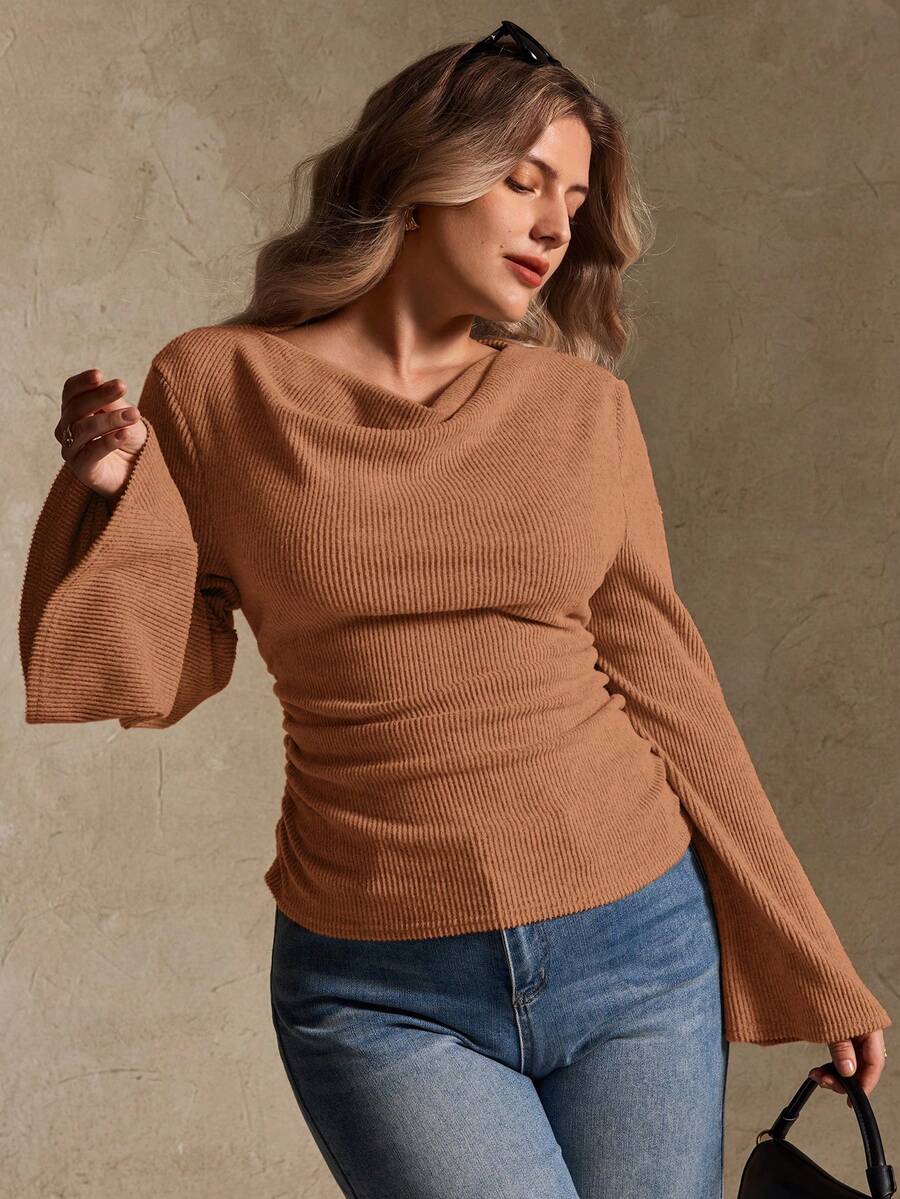 Elegantrix Plus Size Women Loose Collar Flare Sleeve Gathered Waist Ruched Chiffon Knit Casual Top, Autumn/Winter