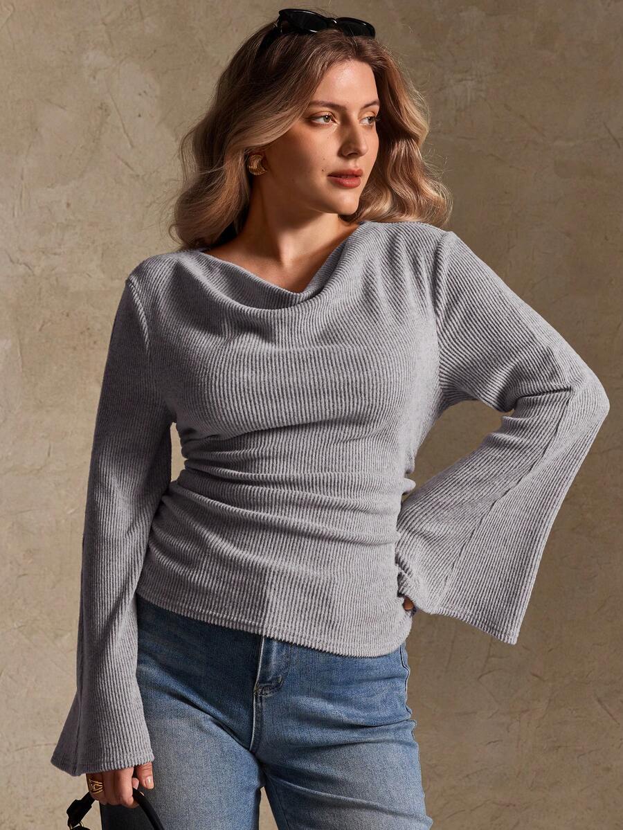 Elegantrix Plus Size Women Loose Collar Flare Sleeve Gathered Waist Ruched Chiffon Knit Casual Top, Autumn/Winter